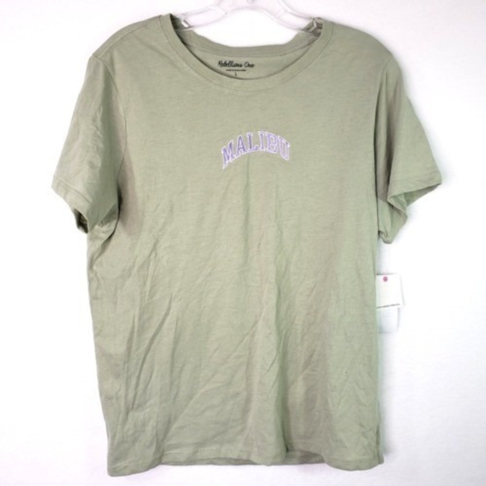Rebellious One Malibu Embroidered Graphic T-Shirt Womens‎ Large Green Casual Top